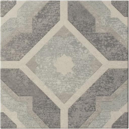 Geometric tile pattern in muted grey and beige tones with a central diamond and star-like motif.