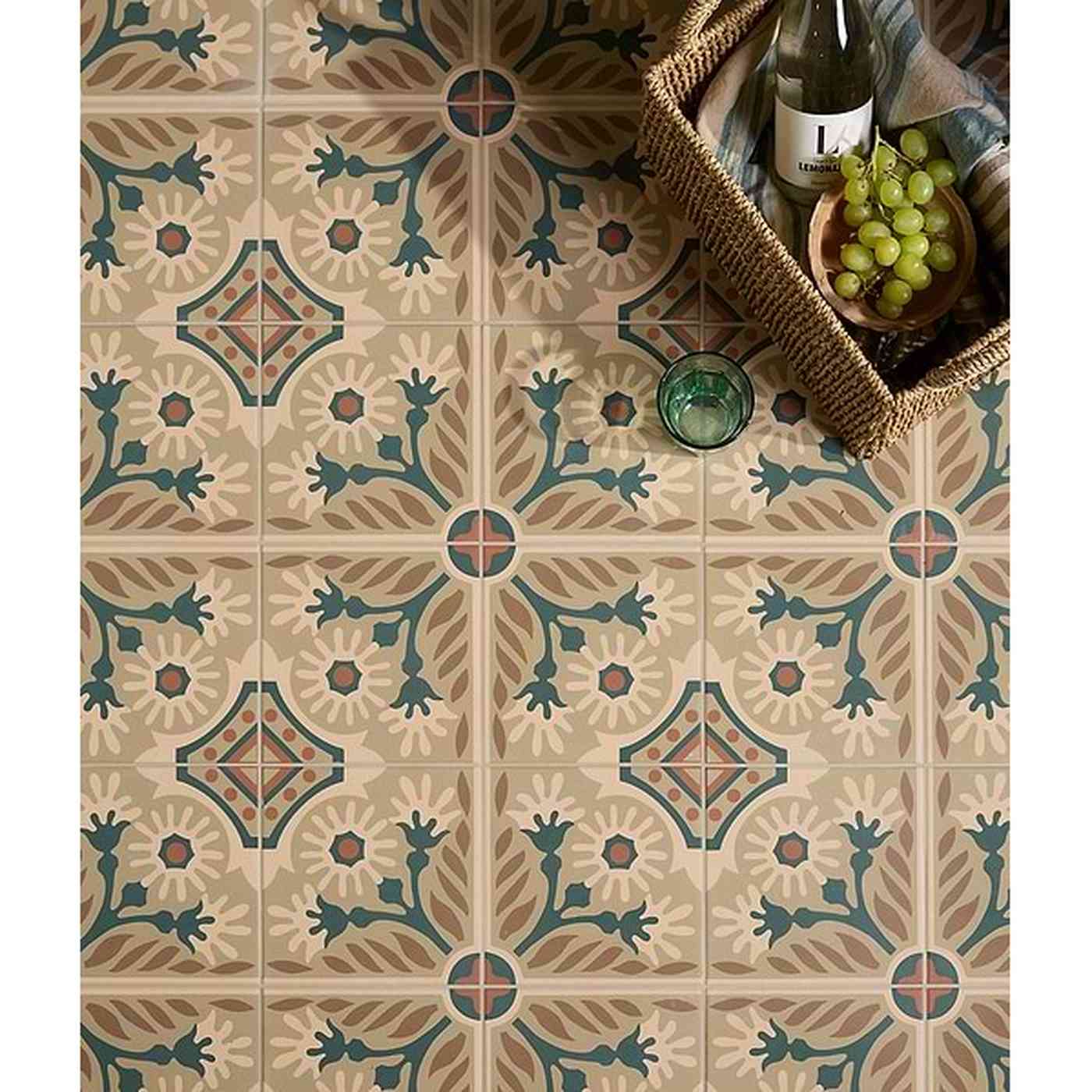 Image of Decorative tile pattern with a bottle of wine and grapes on a wooden surface