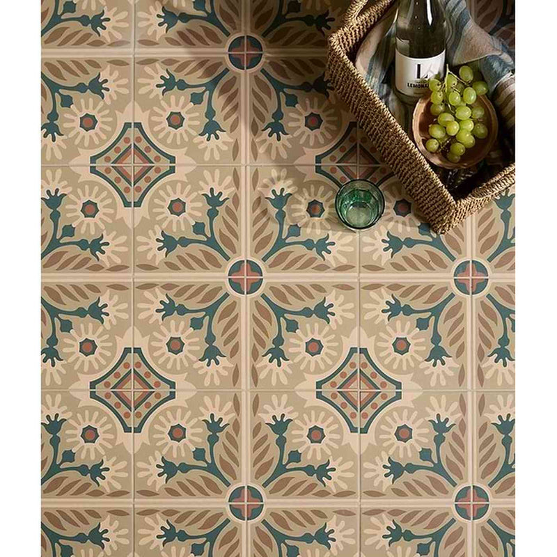 Image of Decorative tile pattern with a bottle of wine and grapes on a wooden surface