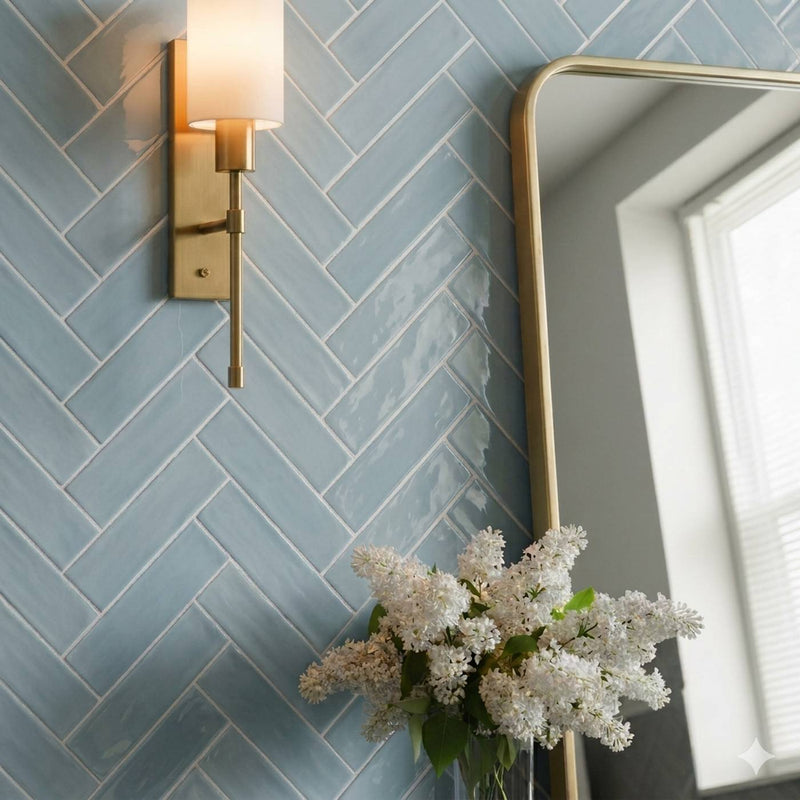 Image of bathroom featuring light blue herringbone-patterned subway tiles, a brass glass wall sconce, a gold-framed mirror, and a bouquet of fresh white flowers
