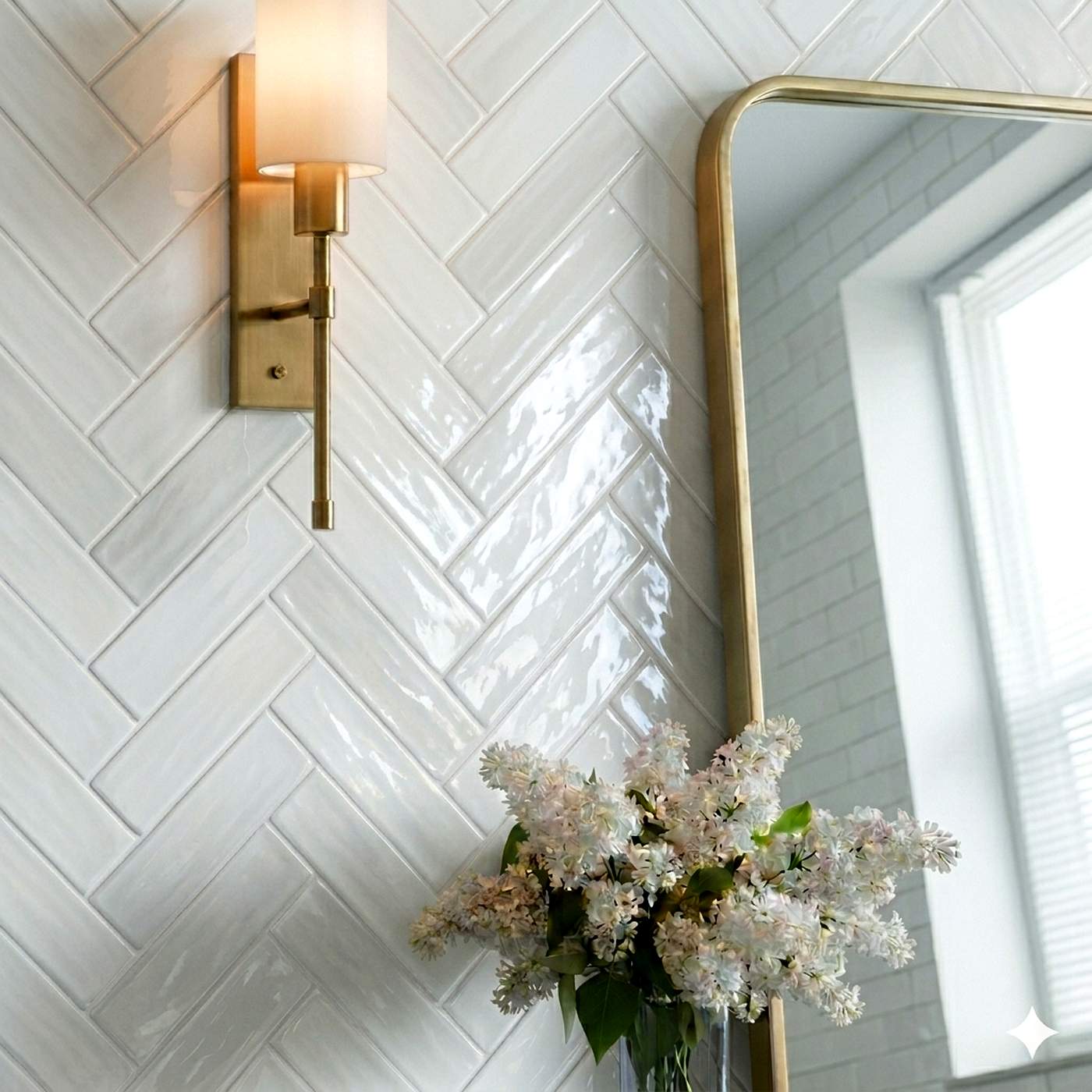 Image of Brass wall sconce mounted on a white herringbone tile wall beside a gold-framed mirror, with a vase of white flowers in the foreground.
