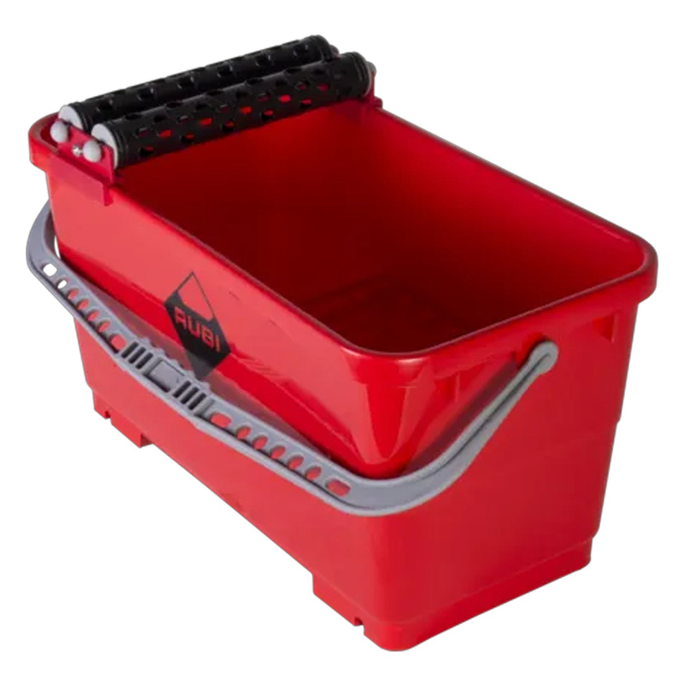 Image of Red cleaning bucket with grey handle on a white background