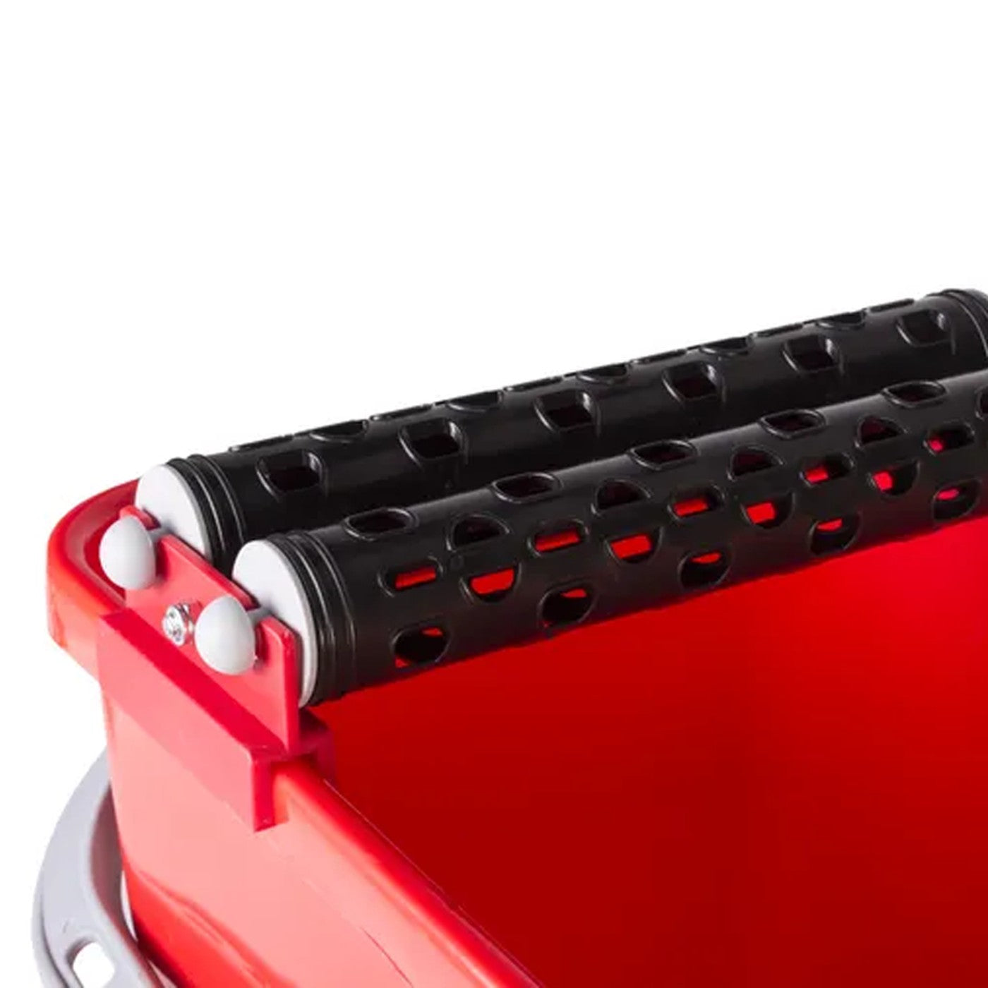 Image of Red and black rinsing wheels on bucket a white background