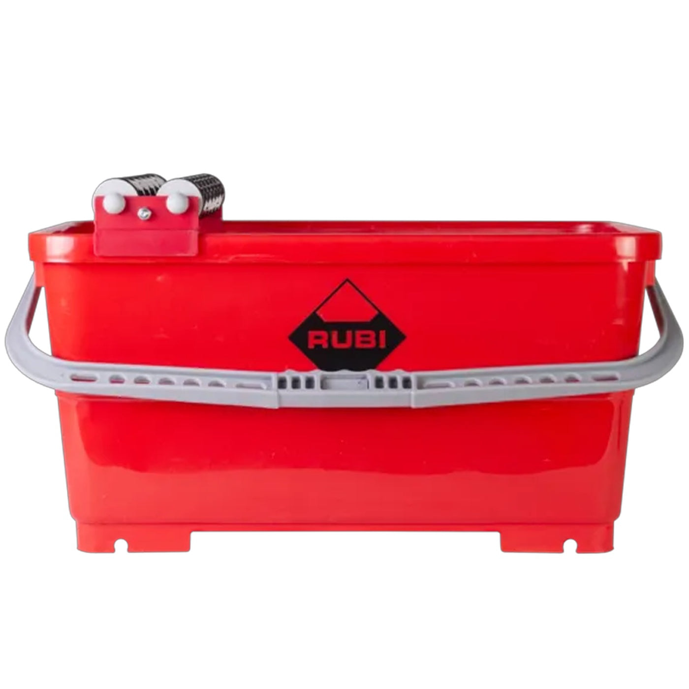 Image of Red cleaning bucket with grey handle on a white background