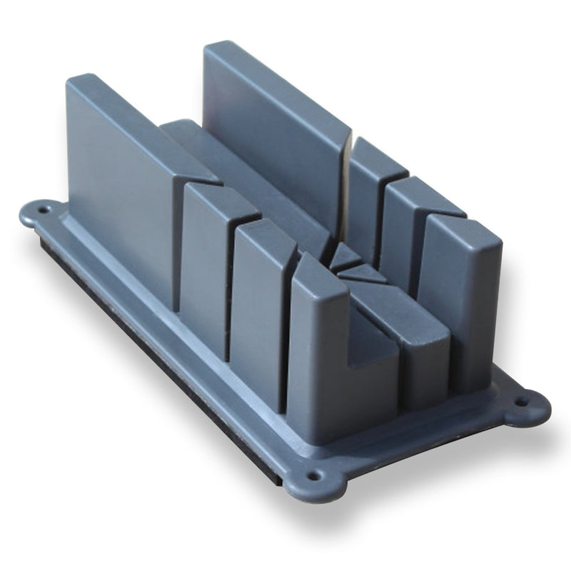 Image of Gray plastic mitre block with multiple slots on a white background