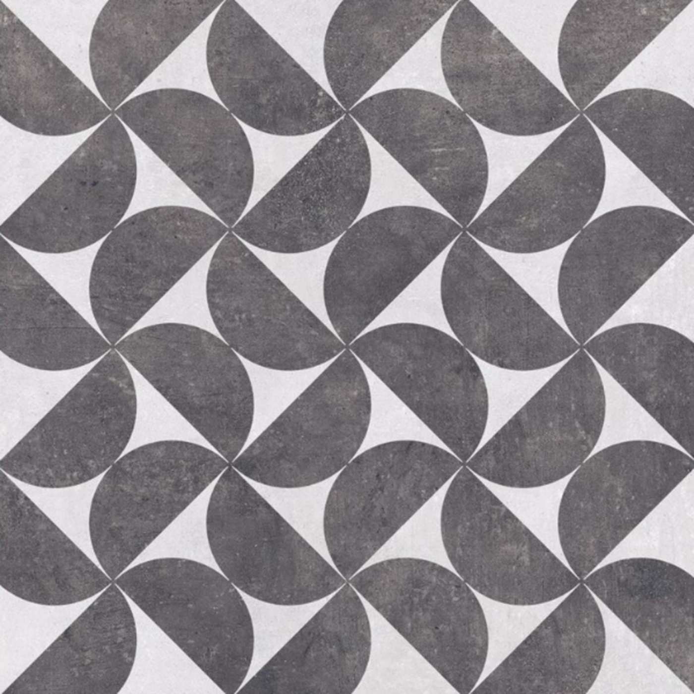 Image of Grey geometric tile pattern made of repeating circular and triangular shapes arranged in a symmetrical grid