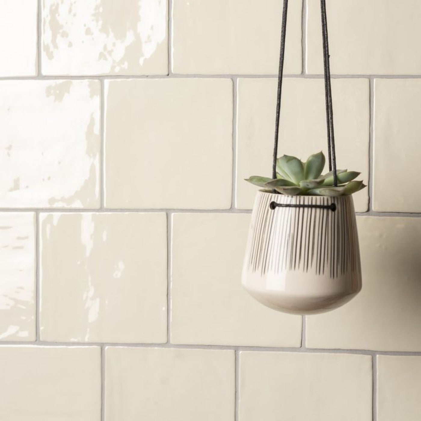 Image of Hanging ceramic planter with succulent on a tiled wall
