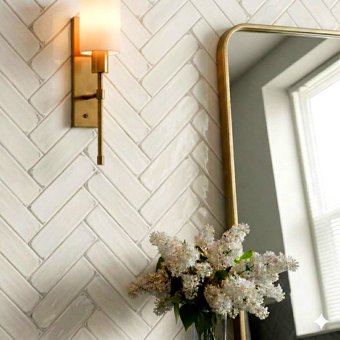 Image of Gold wall sconce and mirror with a bouquet of flowers on a white tiled wall.