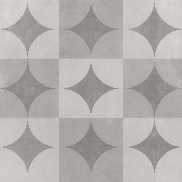 Image of Repeating grey tile pattern featuring circular and diamond shapes arranged in a geometric grid