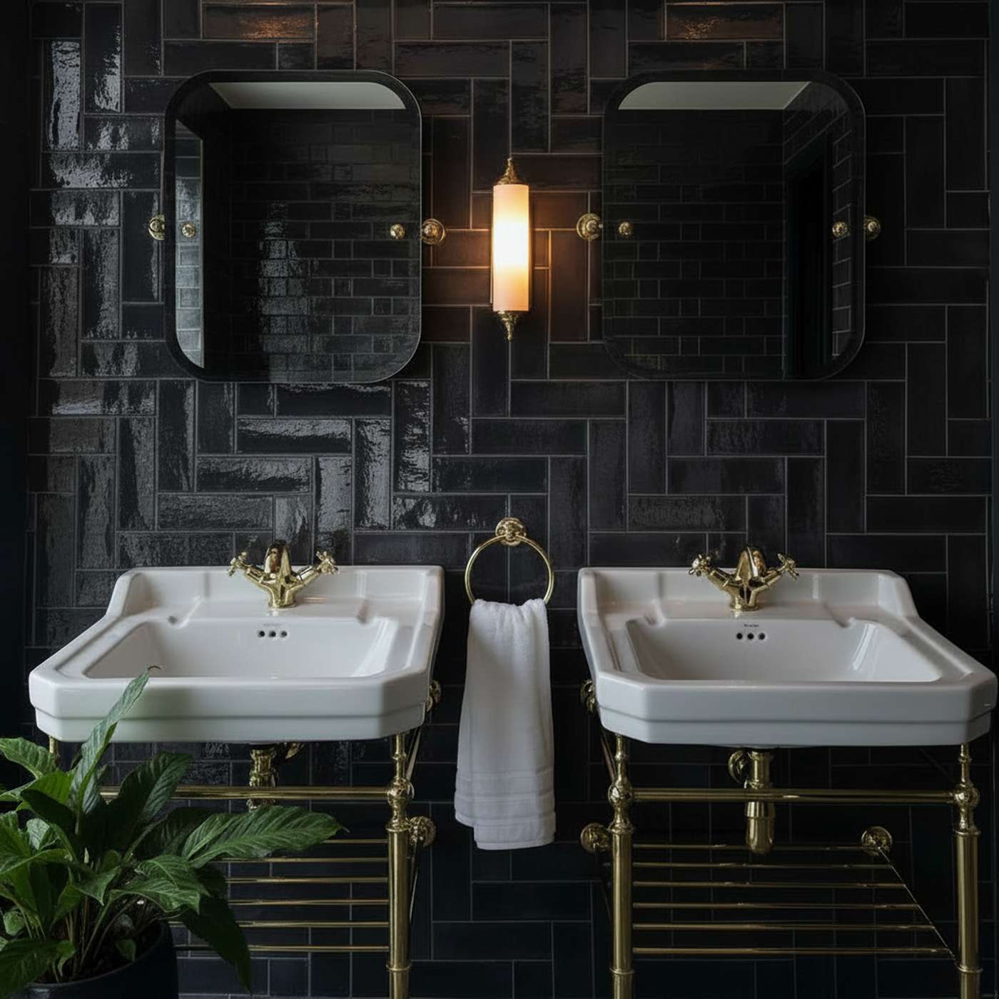 Image of Double vanity bathroom with two white sinks, brass fixtures, dark grey tile walls, and a central wall light with mirrors