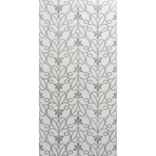 Gray rectangular ornamental pattern tile with symmetrical floral and curved shapes