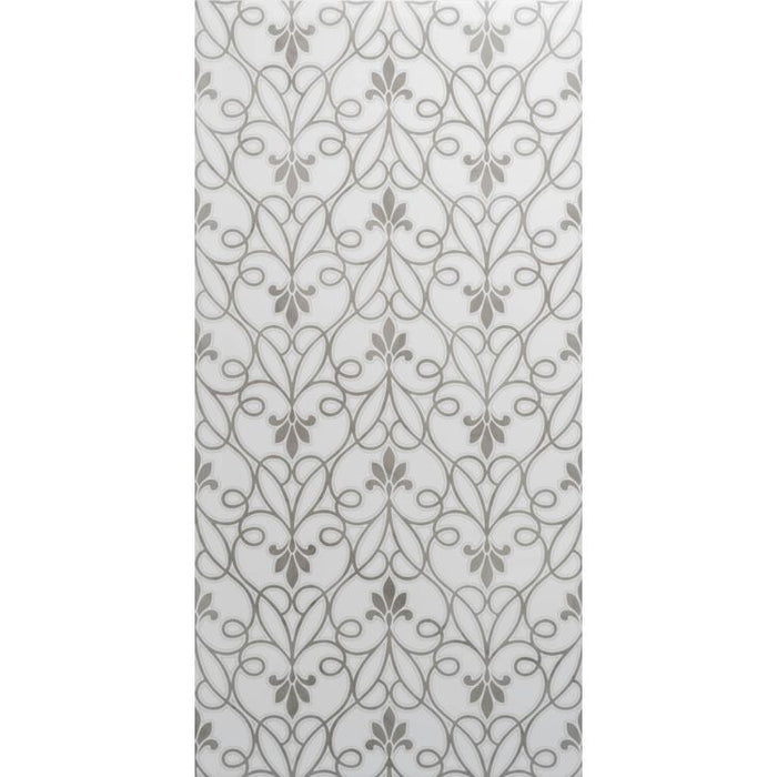 Gray rectangular ornamental pattern tile with symmetrical floral and curved shapes