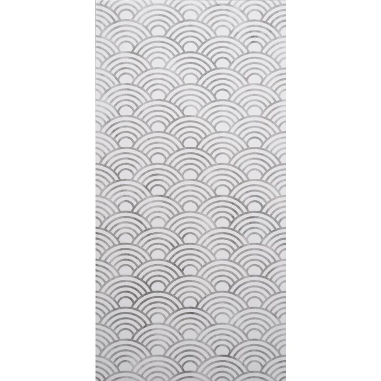 Image of White rectangular tile with a repeating grey scallop pattern