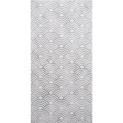 White rectangular tile with a repeating grey scallop pattern