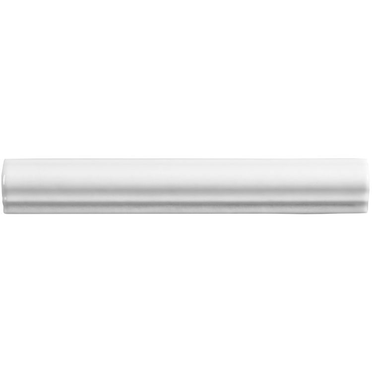 Image of A single glossy white ceramic trim tile with a rounded, raised profile on a plain background