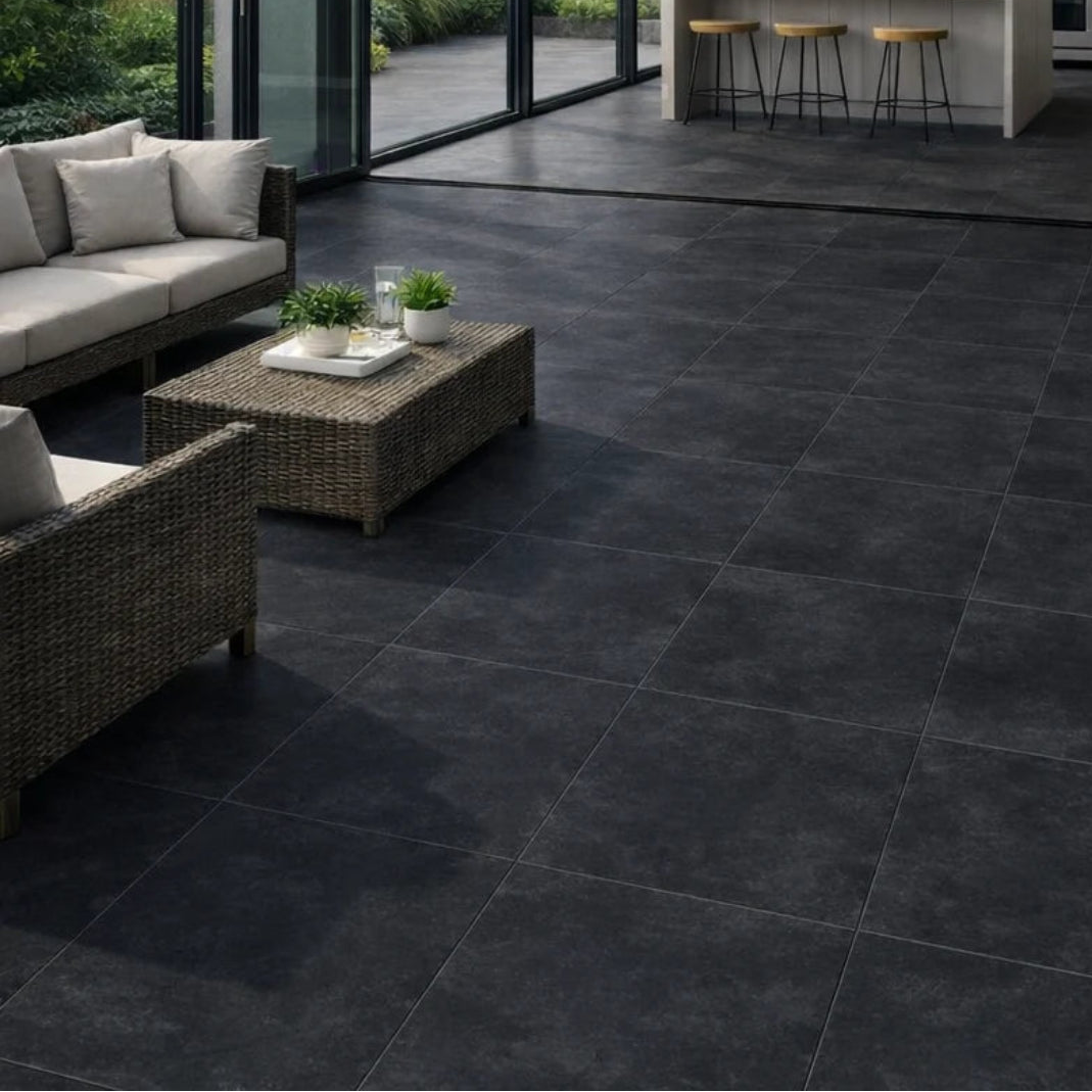 Motion Black Outdoor Porcelain floor tile | 80x80x2cm — Tile.co.uk