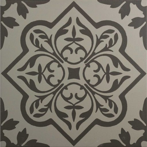 Decorative tile with intricate grey pattern on a white background