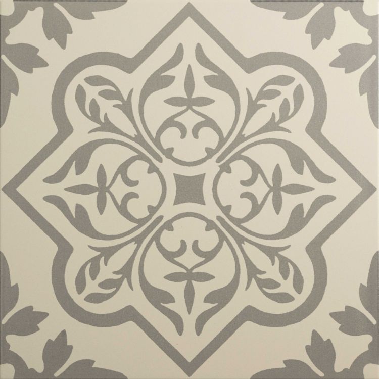 Image of A square tile with a symmetrical grey floral and geometric pattern on a light beige background.