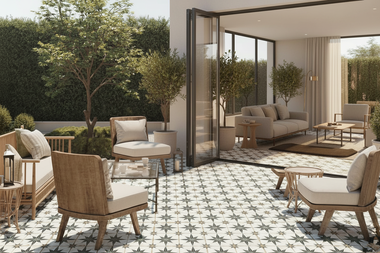Rock Star Pattern Tile – No Golden Glow, Natural Light, indoor room leading outside into a garden patio area with garden furniture