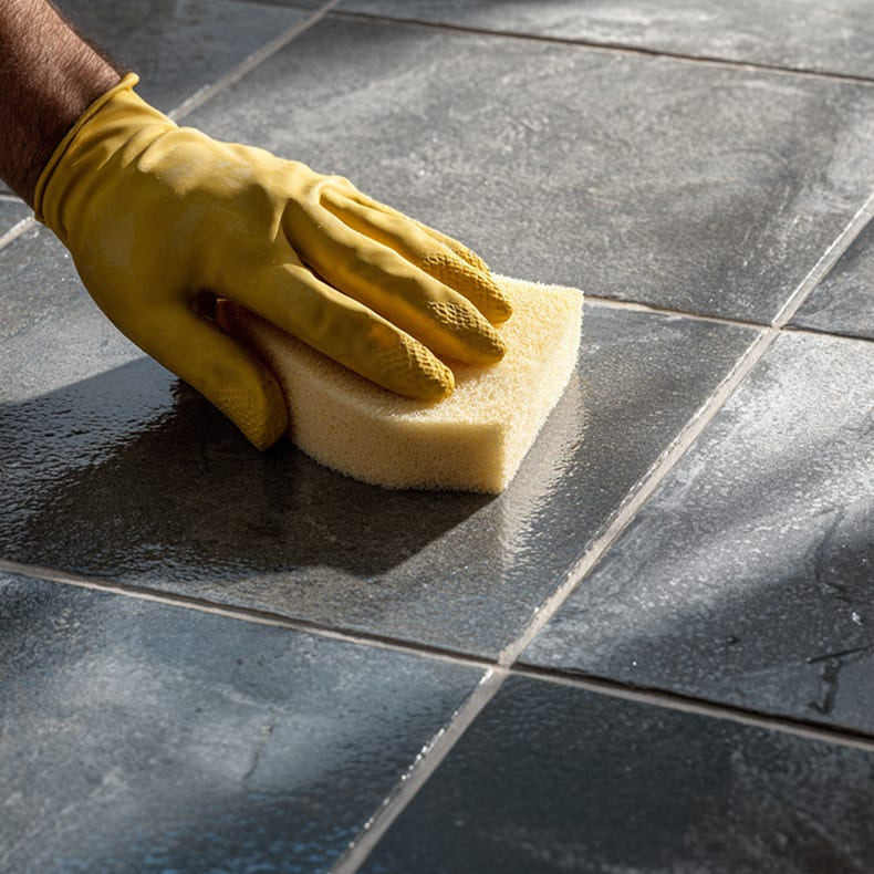 Image of Person cleaning a tiled floor with a yellow sponge and glove