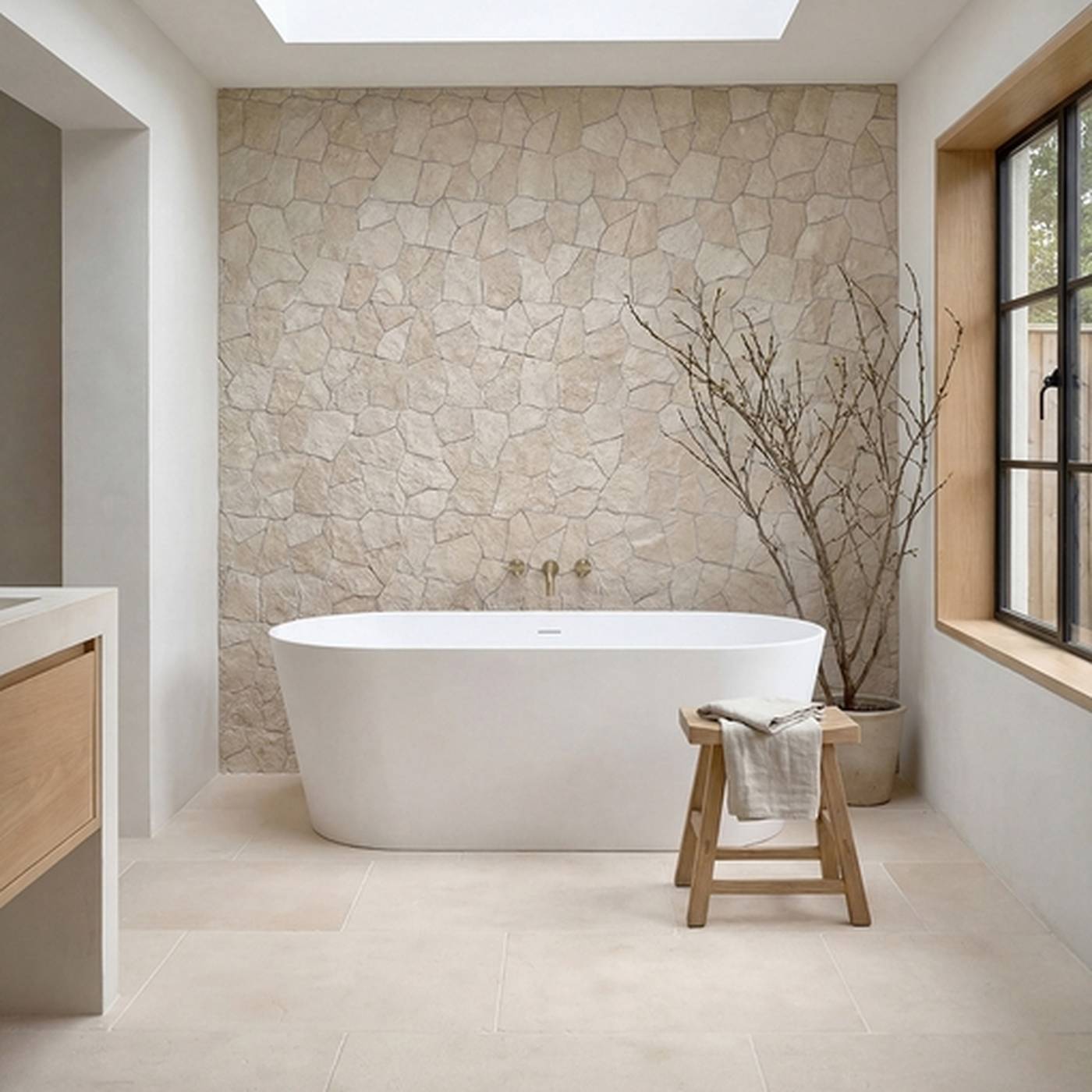 Image of Modern bathroom with a freestanding bathtub against a stone wall.