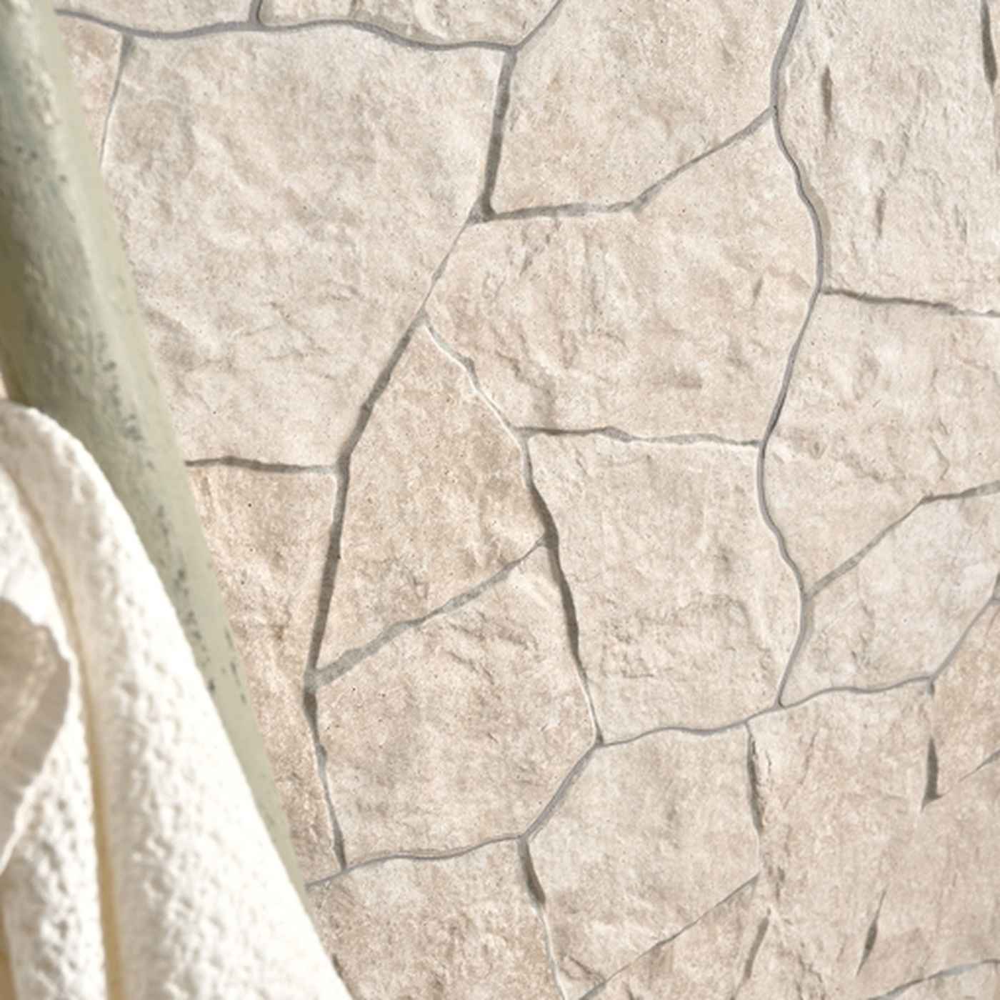 Image of Close-up of a textured stone wall with a white flower in the foreground.
