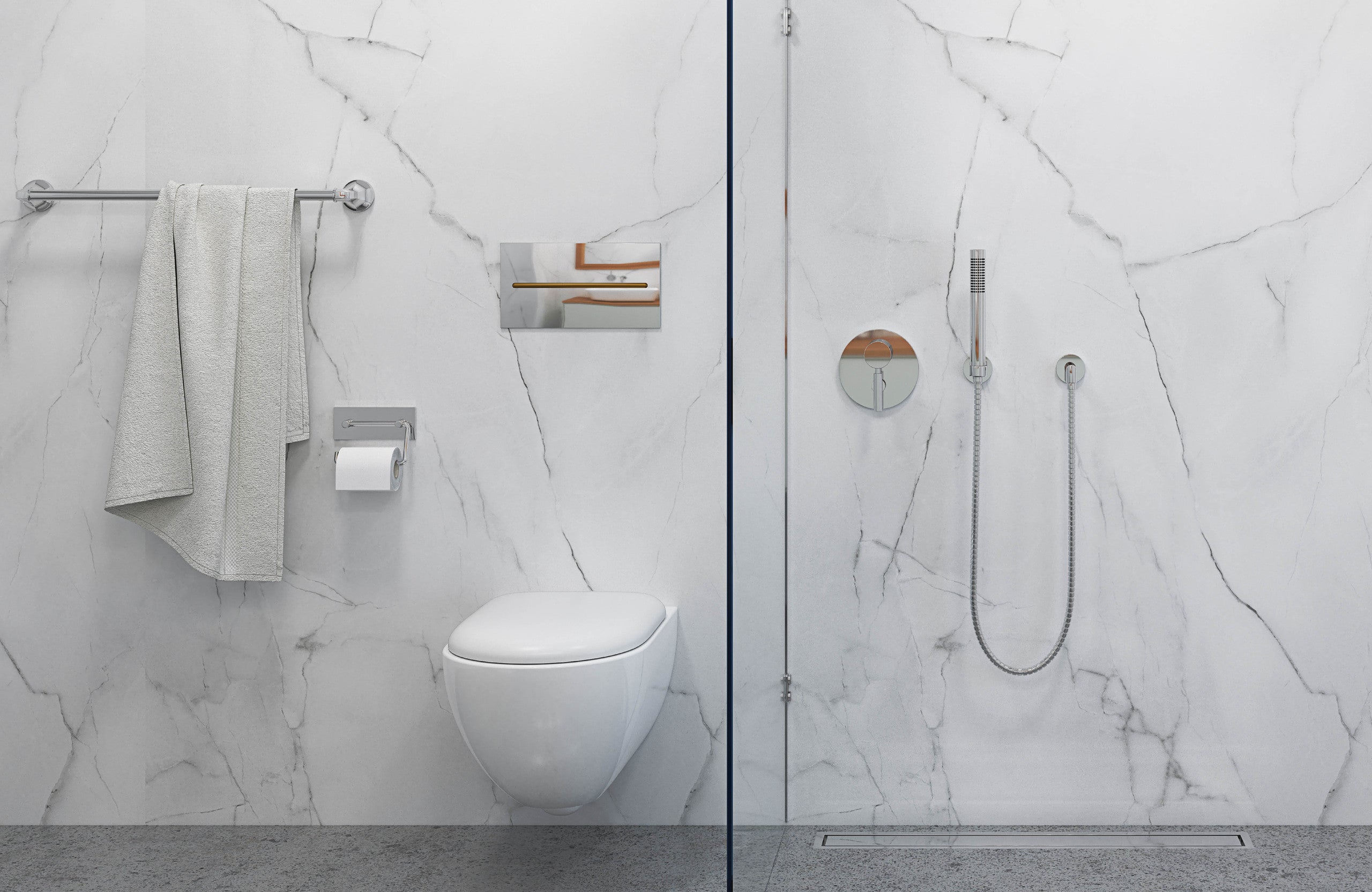 Image of Modern bathroom with a toilet and shower area featuring marble-wet wall panels.
