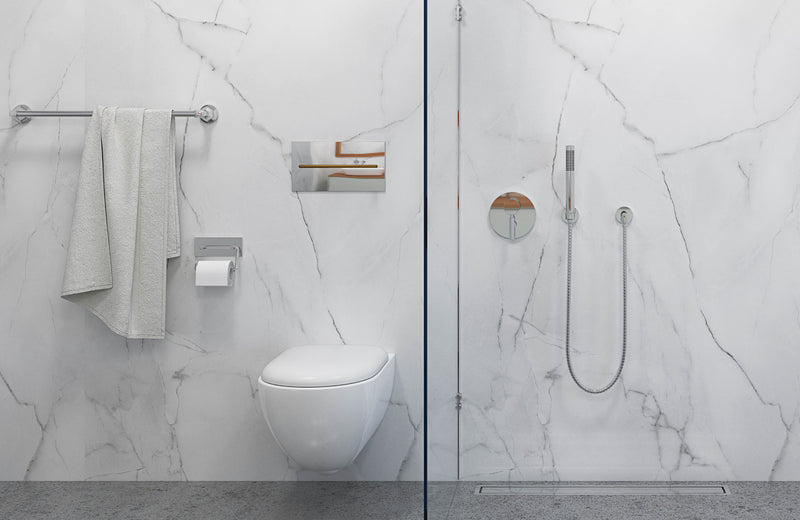 Image of Modern bathroom with a toilet and shower area featuring marble-wet wall panels.