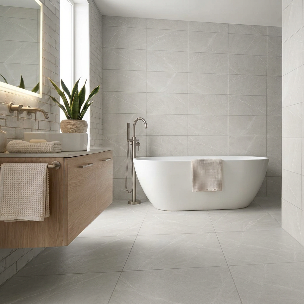 Image of The same bathroom scene with pale grey Peru Silver tiles on the walls and floor