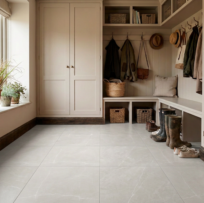 Image of The same modern boot room with cashmere units, now with a pale grey stone-effect 60x60cm tile floor showing subtle white veining