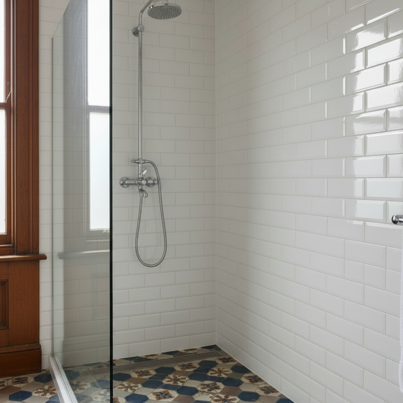 Image of White Bevelled Metro Tiles 10x30cm - Traditional English Bathroom