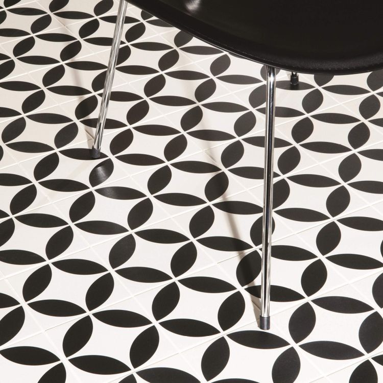 Image of Black and white geometric patterned floor with a black chair.