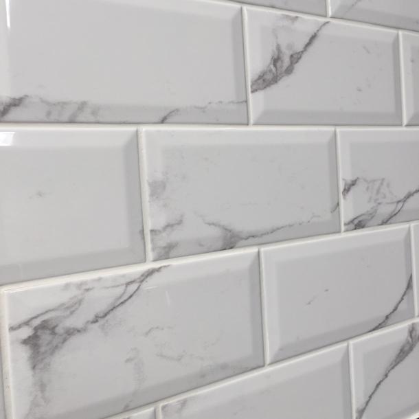 Image of Metro Carrara White Bevelled Brick wall tile 10x20cm-Brick style tiles-Salcamar-tile.co.uk