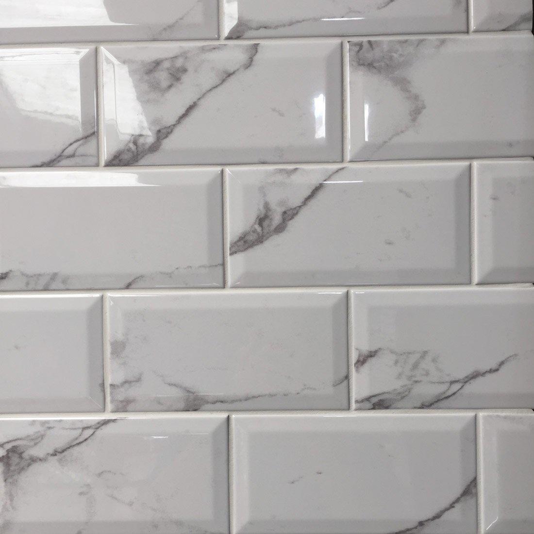 Image of Metro Carrara White Bevelled Brick wall tile 10x20cm-Brick style tiles-Salcamar-tile.co.uk