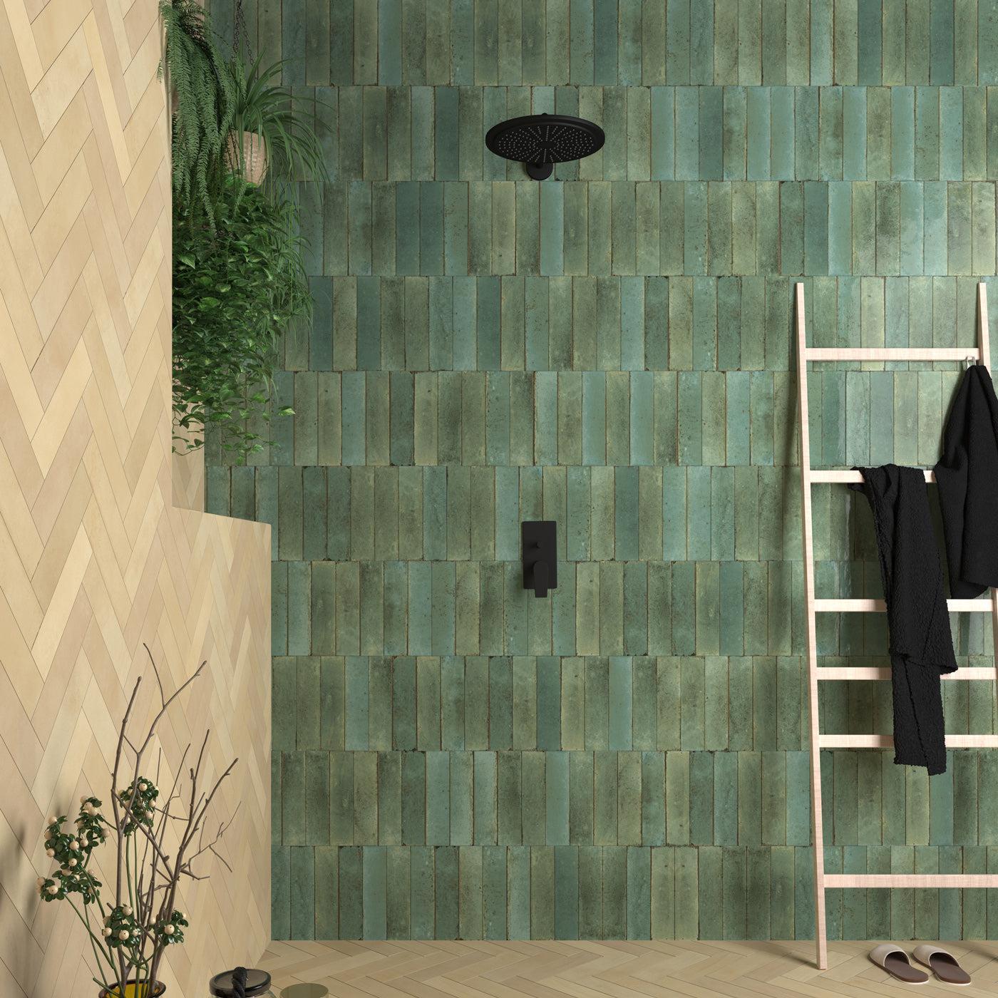 Image of Agadir Selva Green Gloss wall tile 7x28cm-Ceramic wall tile-Dune Ceramica-tile.co.uk