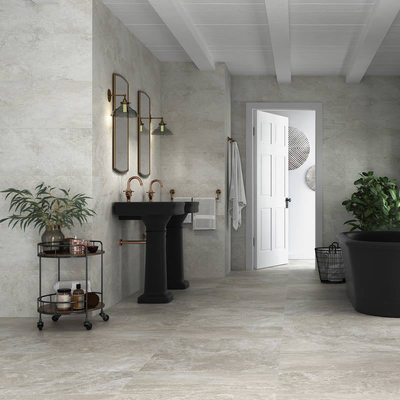 Image of Travertine Grey Tile 37x75cm-Porcelain tile-Alaplana-tile.co.uk