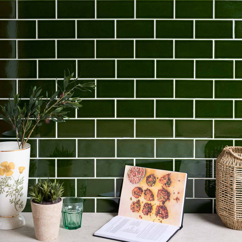 Lyme Crackle Olive Green Brick tile was a kitchen work top wall tile