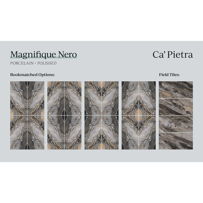 Magnifique Nero Bookmatched Porcelain Polished Tile 60x120cm-Large format-Ca Pietra-tile.co.uk