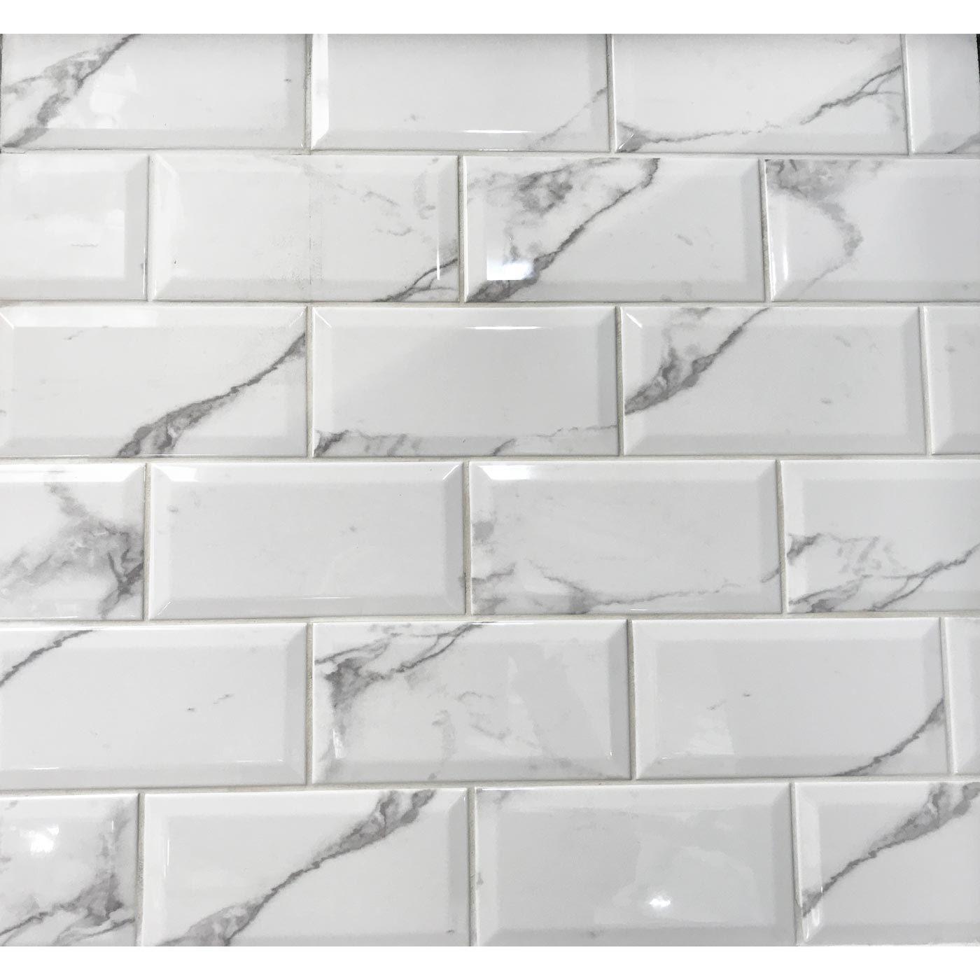 Image of Metro Carrara White Bevelled Brick wall tile 10x20cm-Brick style tiles-Salcamar-tile.co.uk