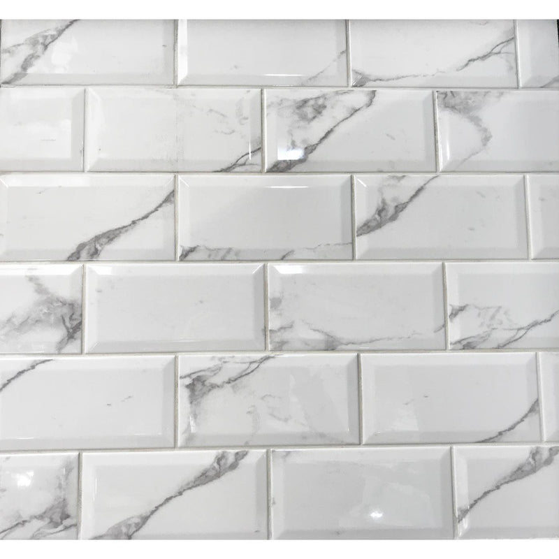 Image of Metro Carrara White Bevelled Brick wall tile 10x20cm-Brick style tiles-Salcamar-tile.co.uk
