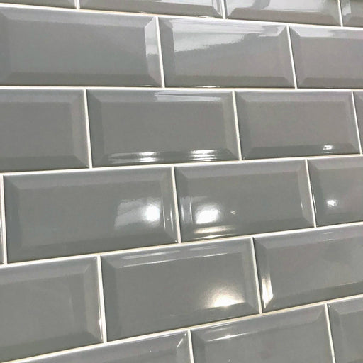 Metro Grey Plata Gloss Bevelled Brick tile 10x20cm-Brick style tiles-Salcamar-tile.co.uk