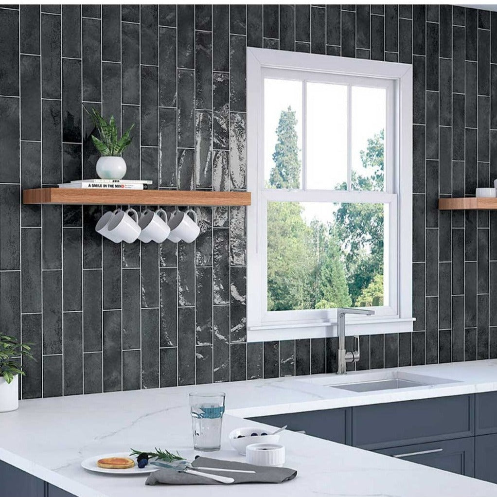 Nissel Black Brick Tile | 7.5x30cm Ceramic wall tile — Tile.co.uk