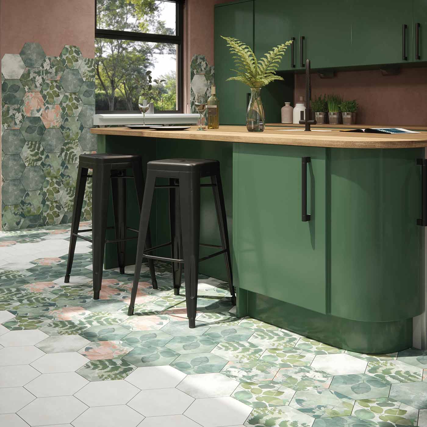 Image of Woodland Glade Melange Green Hexagon tile 21.5x24.5cm-Hexagon tile-Ca Pietra-tile.co.uk