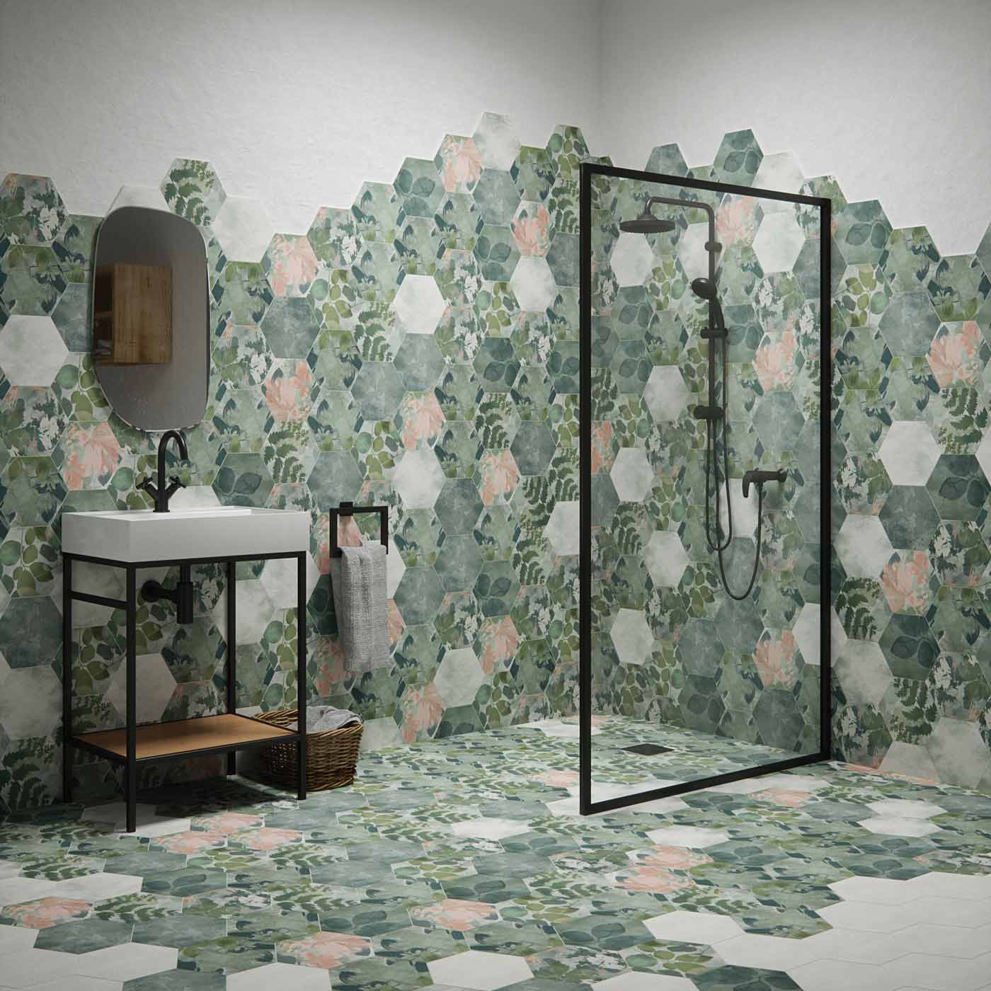 Image of Woodland Glade Melange Green Hexagon tile 21.5x24.5cm-Hexagon tile-Ca Pietra-tile.co.uk