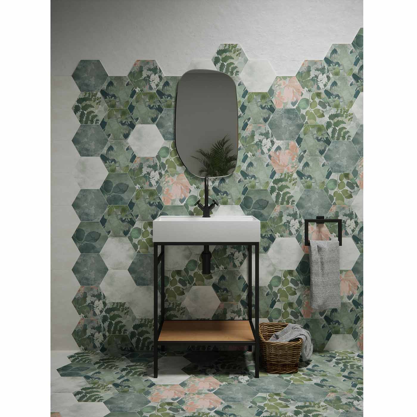 Image of Woodland Glade Melange Green Hexagon tile 21.5x24.5cm-Hexagon tile-Ca Pietra-tile.co.uk