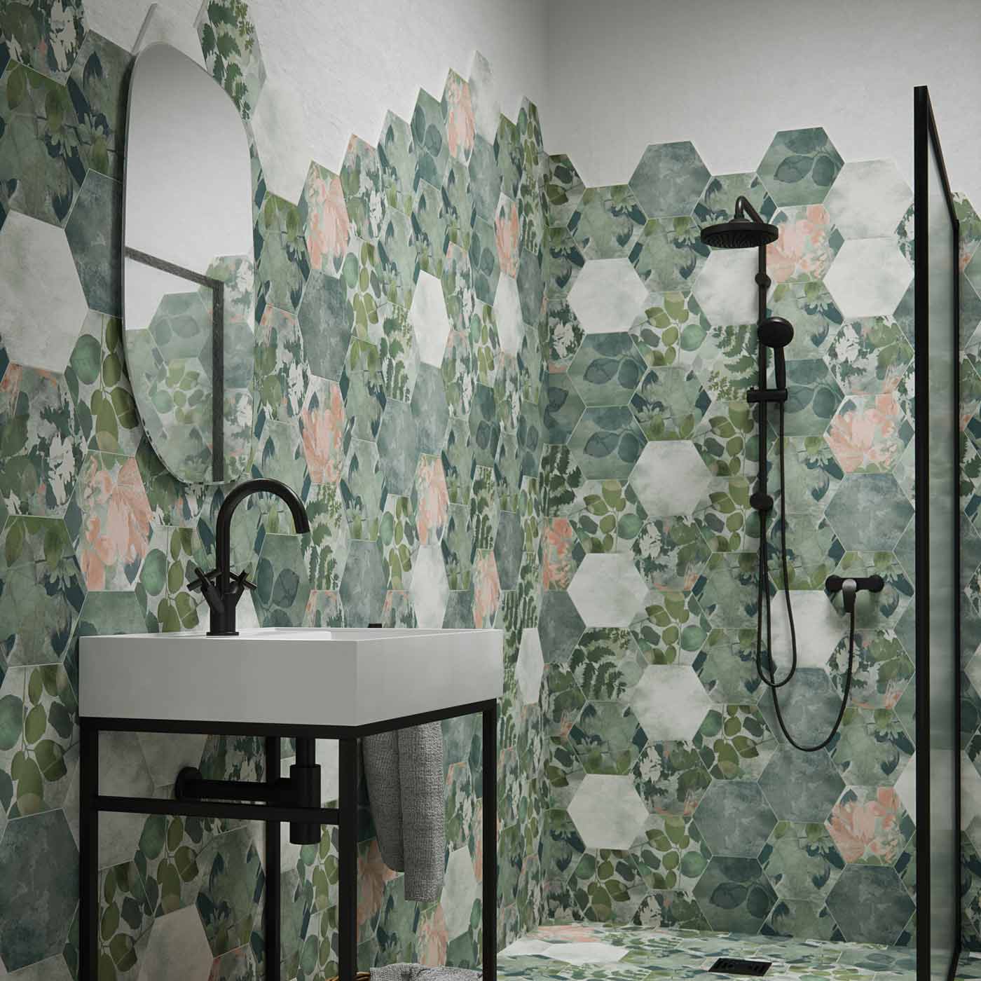 Image of Woodland Glade Melange Green Hexagon tile 21.5x24.5cm-Hexagon tile-Ca Pietra-tile.co.uk