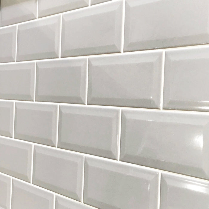 Metro Light Grey Gloss Bevelled Brick tile 10x20cm-Brick style tiles-Salcamar-tile.co.uk