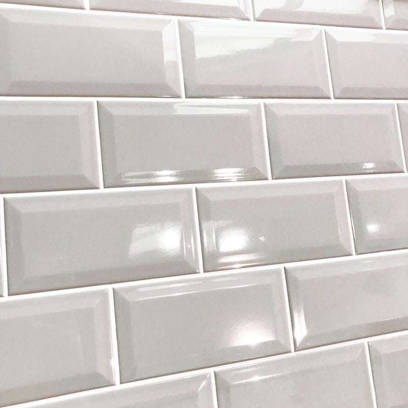 Image of Metro Light Grey Gloss Bevelled Brick tile 10x20cm-Brick style tiles-Salcamar-tile.co.uk