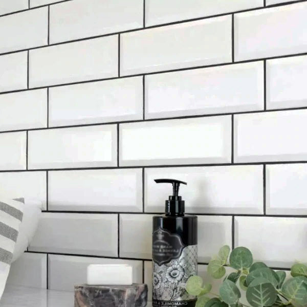 Long Metro White Gloss Bevelled Brick tile 10x30cm-Brick style tiles-Salcamar-tile.co.uk