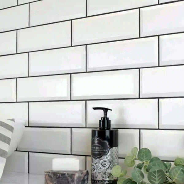 Long Metro White Gloss Bevelled Tile | 10x30cm | Tile.co.uk